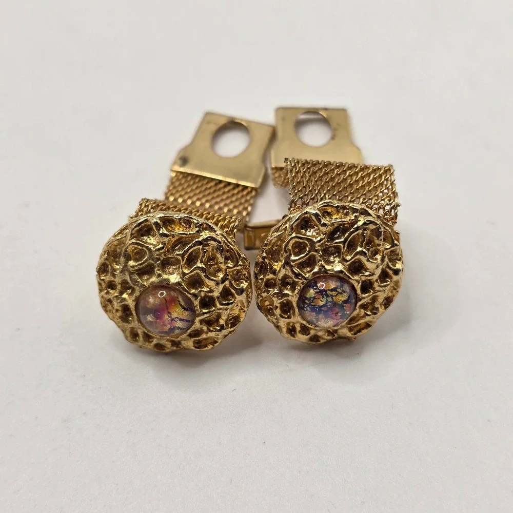 Vintage Cufflinks Mens Gold Tone Mesh Wrap Faux Fire Opal MCM Textured Nugget